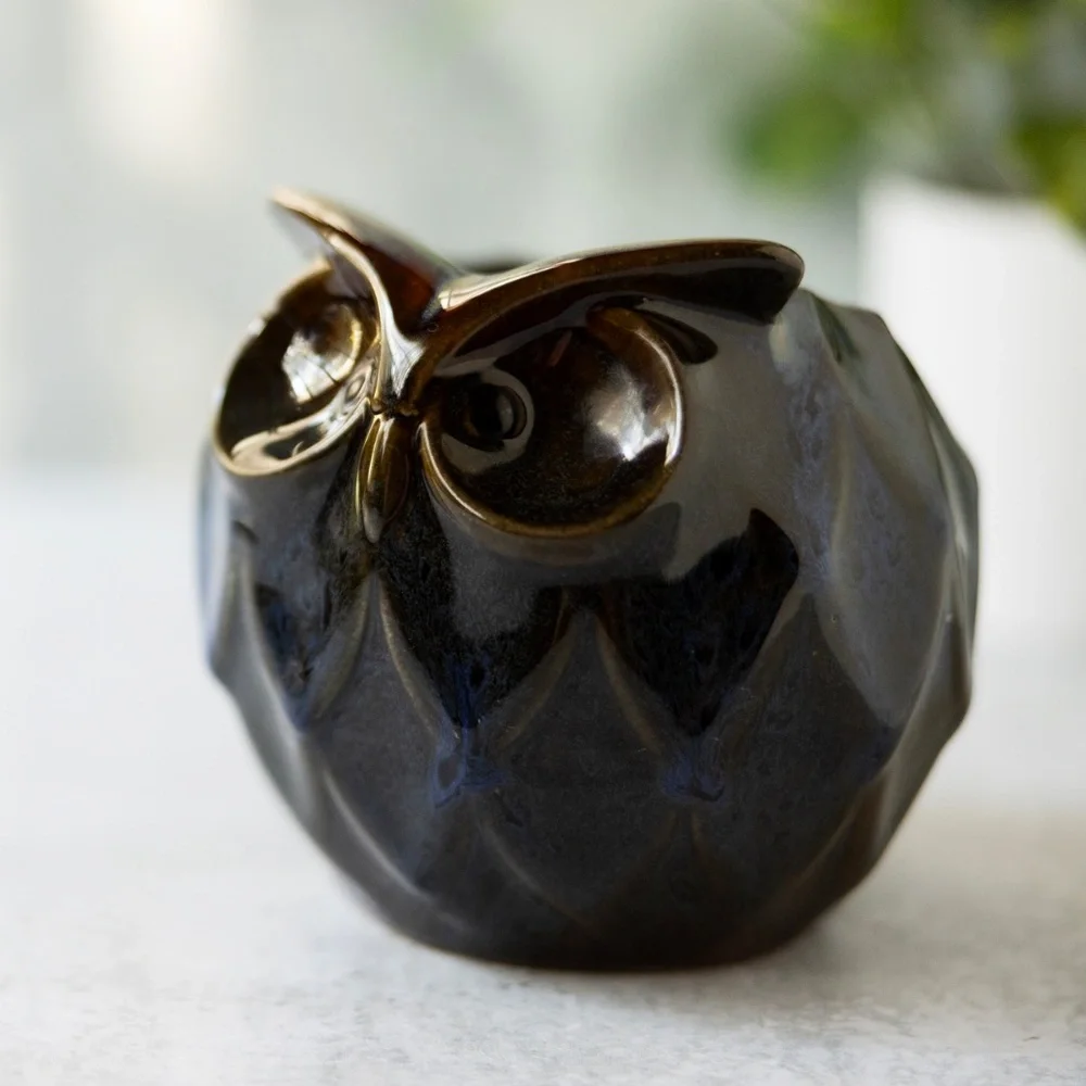 Ceramic Owl Accent Vase in Deep Brown and Blue